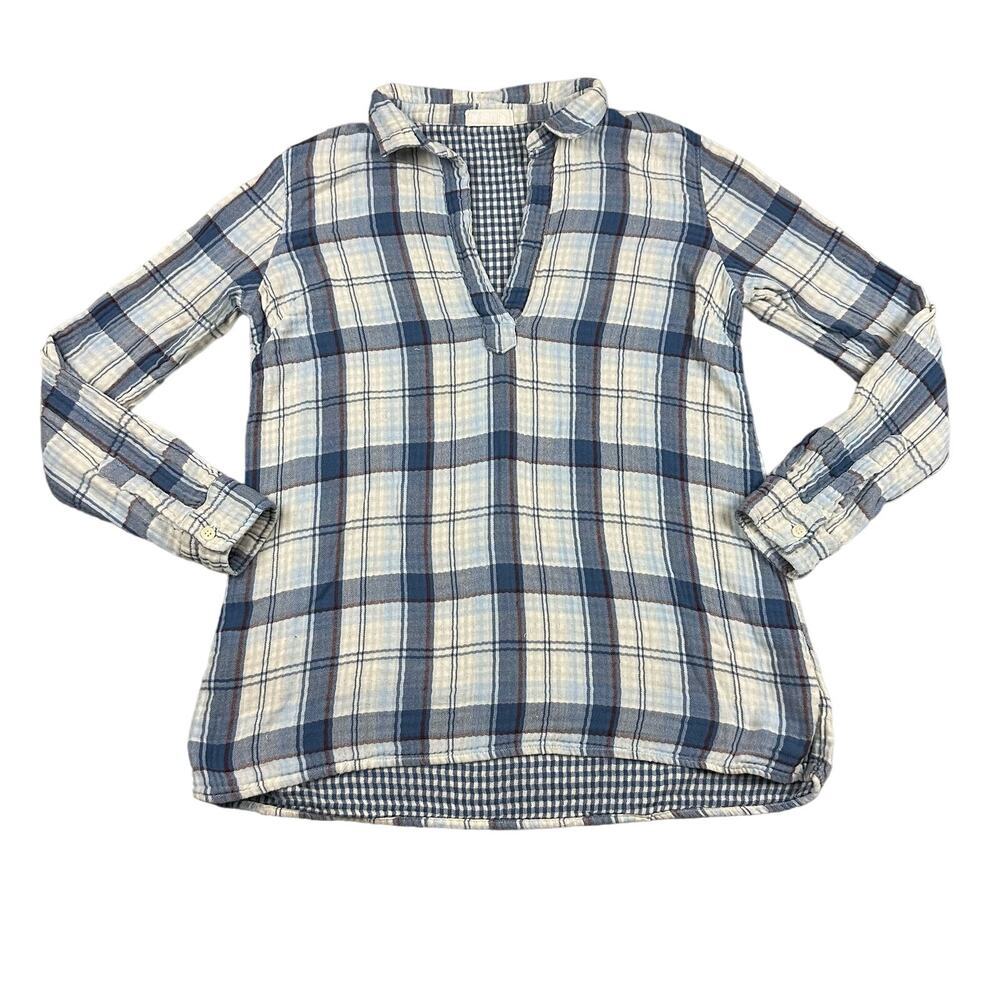 CP Shades Plaid Tunic Women‎ S Blue Cotton V-Neck Long Sleeve Blouse